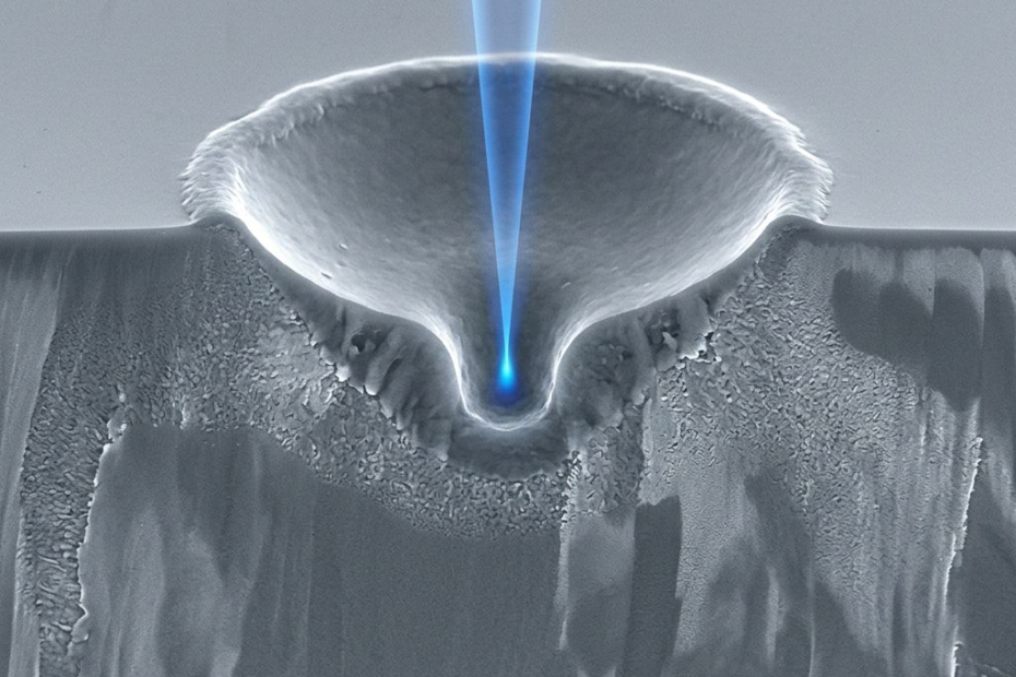 Ein Lichtblitz fräst Silizium – bis zu 1,8 Mikrometer tief.